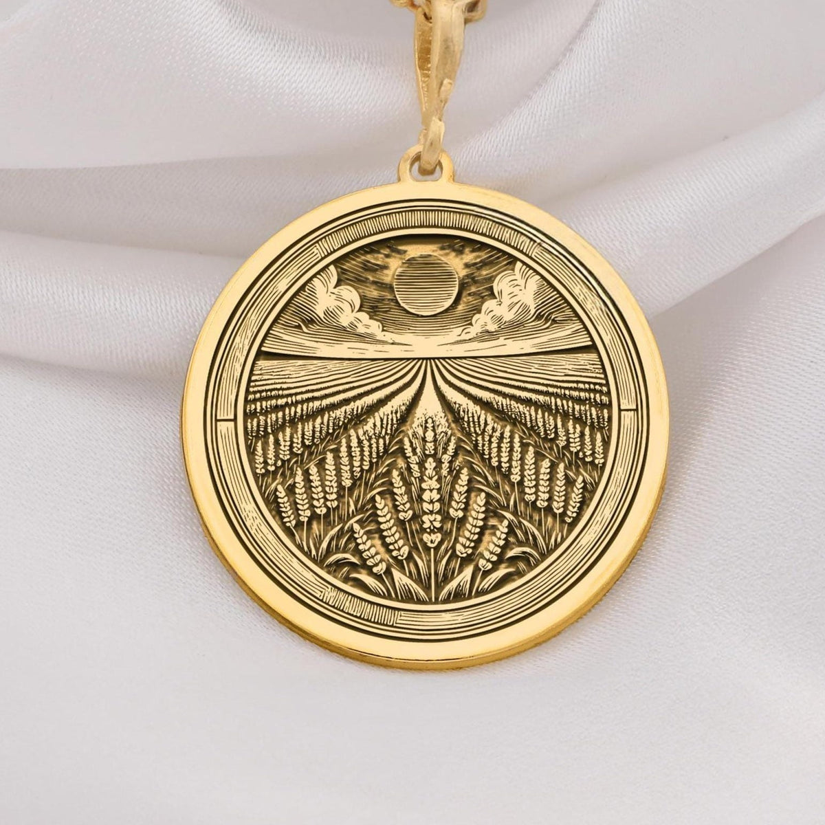 Elegant 14K Solid Gold Lavender Field pendant, featuring an intricately engraved blooming lavender garden under the sun. A perfect gold floral necklace, symbolizing serenity, peace, and natural beauty.