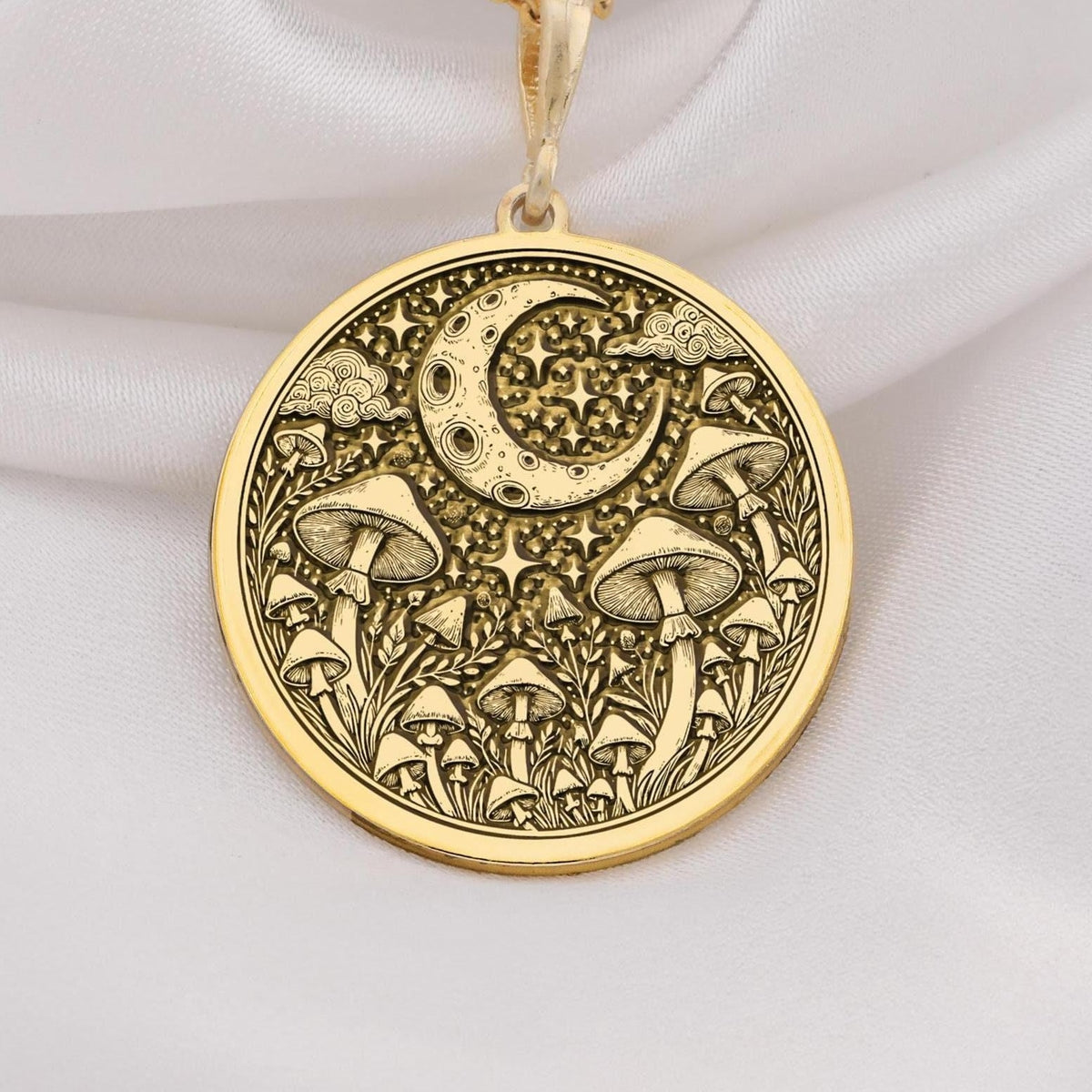 14k Gold Mushroom Necklace – Handcrafted celestial pendant featuring intricate mushroom details and a crescent moon. Elegant nature-inspired jewelry, perfect for boho lovers, crafted in solid gold for a timeless look.