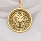 14K Solid Gold Owl Medallion Pendant with intricate feather details and symbolic design. Ancient wisdom talisman on gold chain. Luxury spiritual jewelry gift featuring detailed craftsmanship with textured surface and meaningful symbolism.