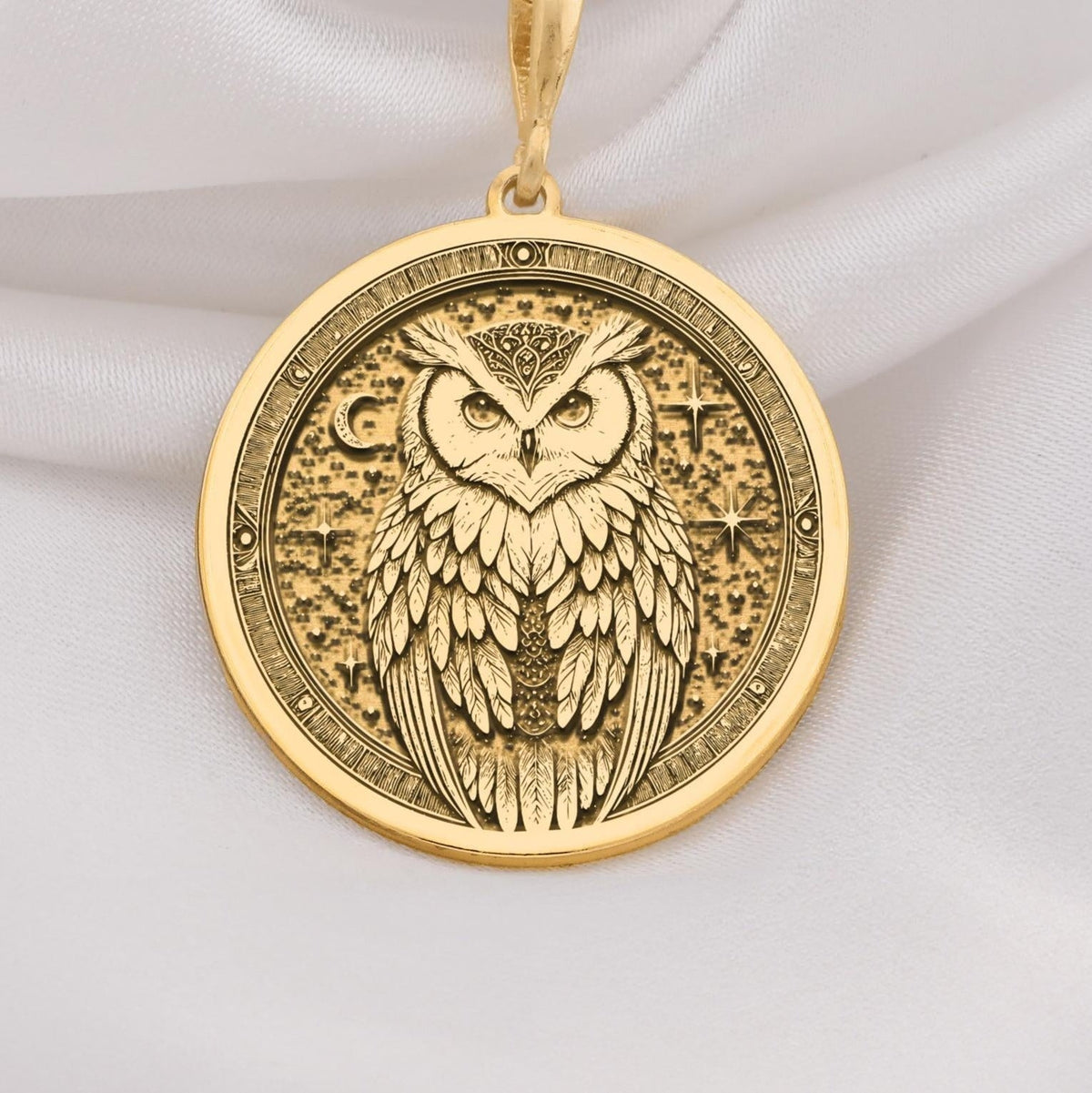 14K Solid Gold Owl Medallion Pendant with intricate feather details and symbolic design. Ancient wisdom talisman on gold chain. Luxury spiritual jewelry gift featuring detailed craftsmanship with textured surface and meaningful symbolism.
