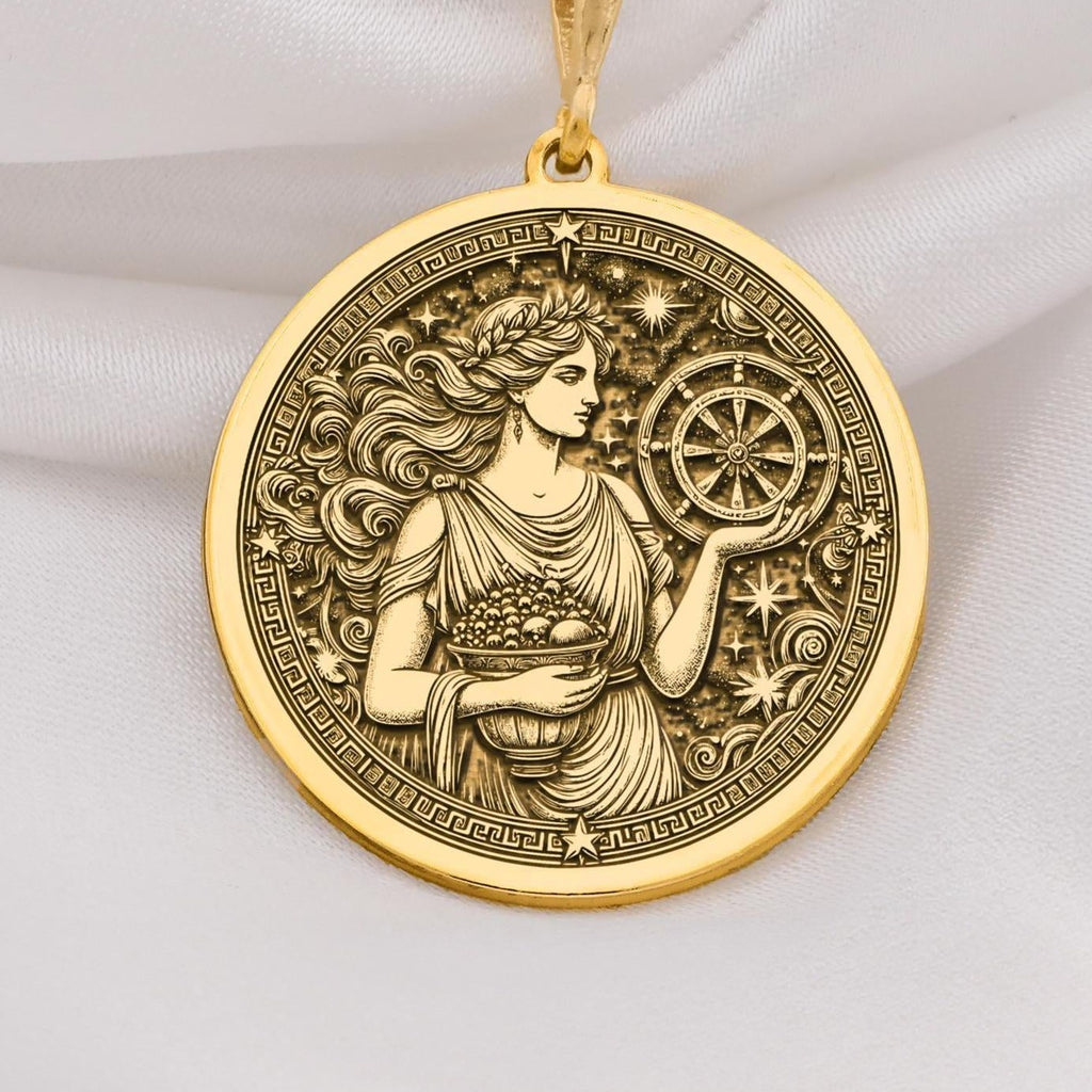 Tyche goddess pendant in 14K Solid Gold, featuring an intricately engraved ancient Greek medallion. This Greek mythology necklace symbolizes fortune and prosperity, perfect as a luxury astrology charm or a mythological gold coin pendant.