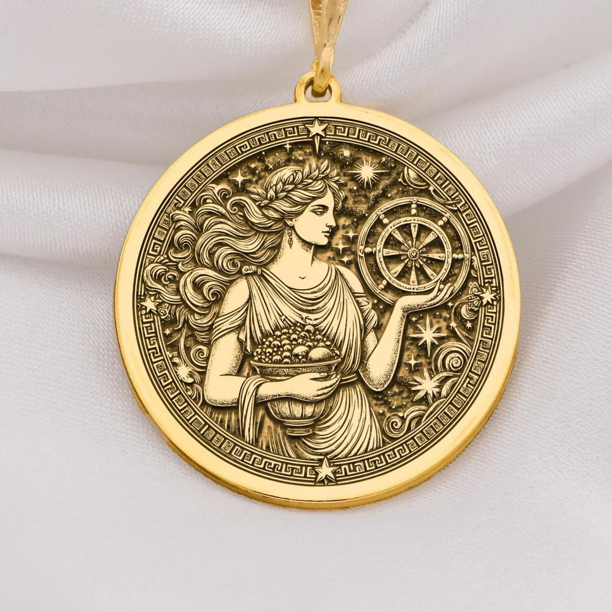 Tyche goddess pendant in 14K Solid Gold, featuring an intricately engraved ancient Greek medallion. This Greek mythology necklace symbolizes fortune and prosperity, perfect as a luxury astrology charm or a mythological gold coin pendant.