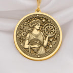 Tyche goddess pendant in 14K Solid Gold, featuring an intricately engraved ancient Greek medallion. This Greek mythology necklace symbolizes fortune and prosperity, perfect as a luxury astrology charm or a mythological gold coin pendant.