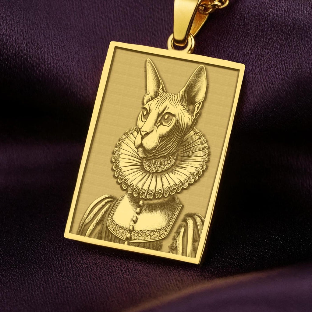 A rectangular 14K gold plated pendant necklace featuring a detailed laser engraving of a Sphynx cat queen in a Victorian ruff collar.