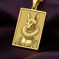 A rectangular 14K gold plated pendant necklace featuring a detailed laser engraving of a Sphynx cat queen in a Victorian ruff collar.