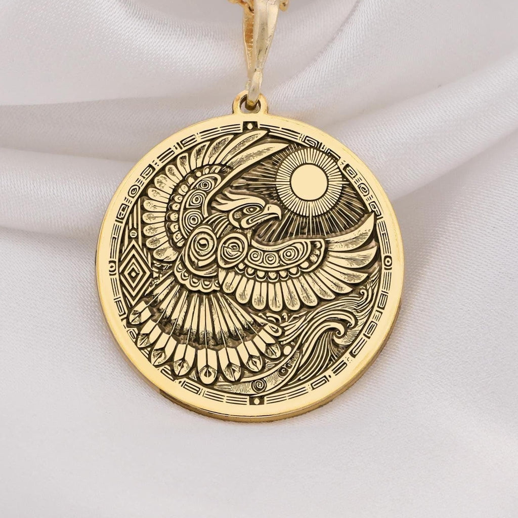 14K Solid Gold Thunderbird Necklace featuring a mystical totem design. Symbolizes protection, strength, and spiritual energy. Handmade tribal jewelry, perfect for meaningful gifts and daily wear. Elegant and timeless spiritual pendant.