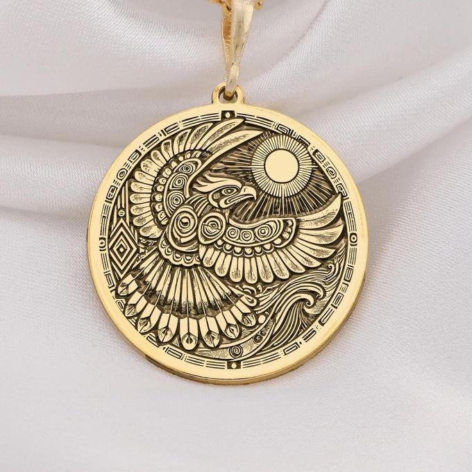 14K Solid Gold Thunderbird Necklace featuring a mystical totem design. Symbolizes protection, strength, and spiritual energy. Handmade tribal jewelry, perfect for meaningful gifts and daily wear. Elegant and timeless spiritual pendant.