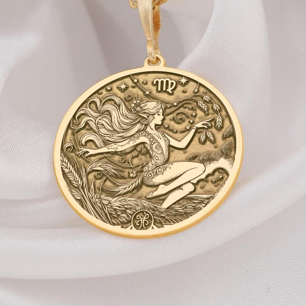 Solid gold Virgo pendant, a luxurious and meaningful statement jewelry piece for astrology fans.