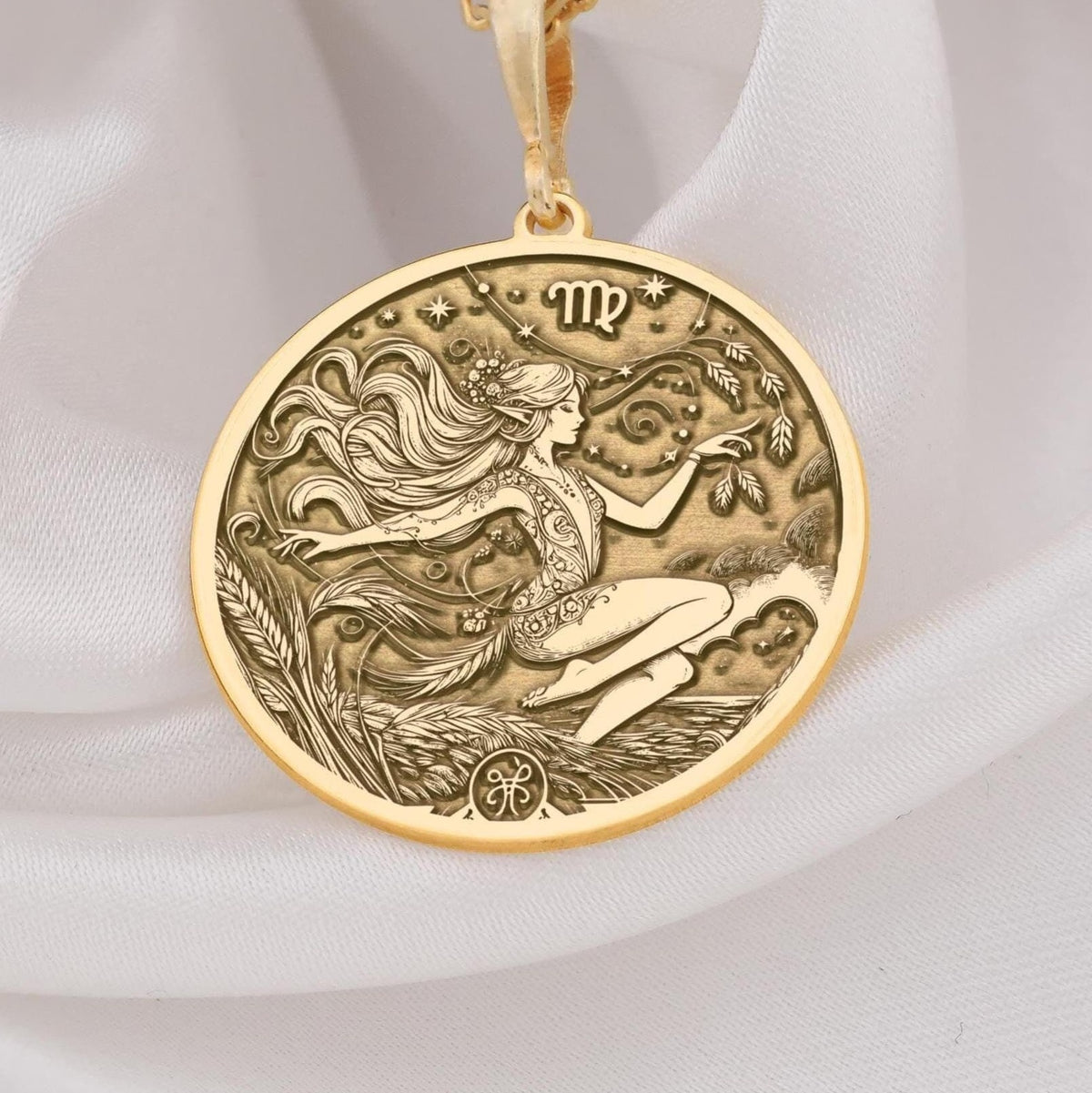 Solid gold Virgo pendant, a luxurious and meaningful statement jewelry piece for astrology fans.