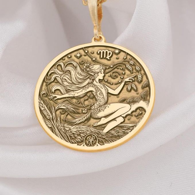 Solid gold Virgo pendant, a luxurious and meaningful statement jewelry piece for astrology fans.