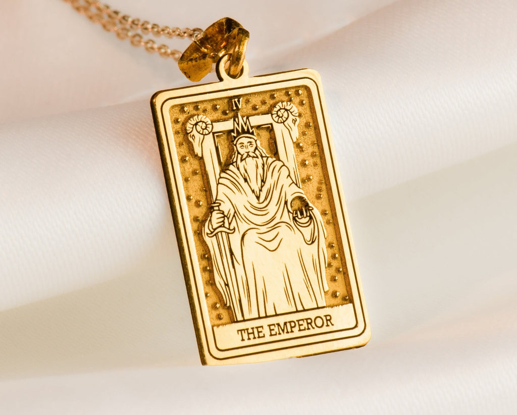 Emperor Tarot Major Arcana Pendant Necklaces 14K 14K Gold Plated rectangular pendant of an emperor figure with laurels and text necklace