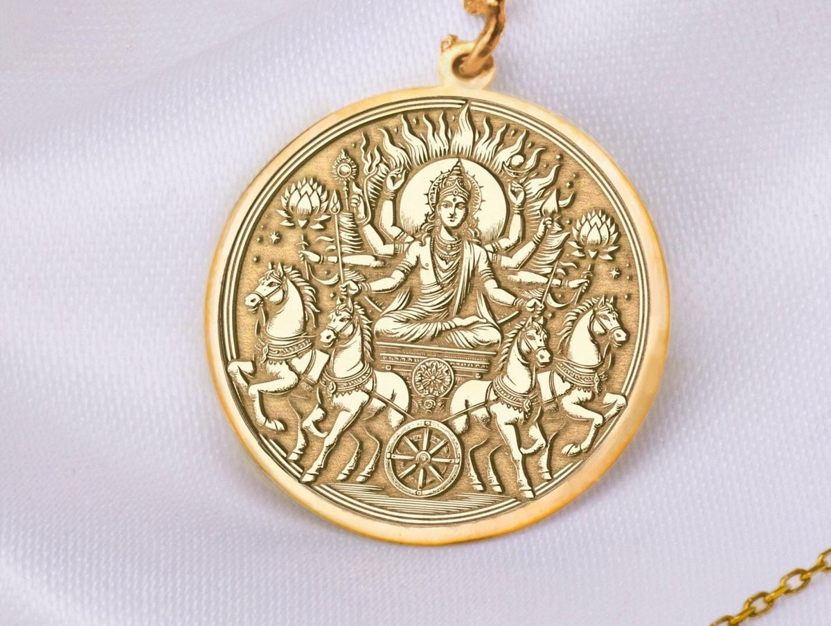 Gold Surya Charm Pendant necklace - Radiant Sun God Necklace, Handmade Hindu Jewelry for Strength & Positivity, Hindu jewelry,Surya amulet, surya coin pendant, Surya talisman
