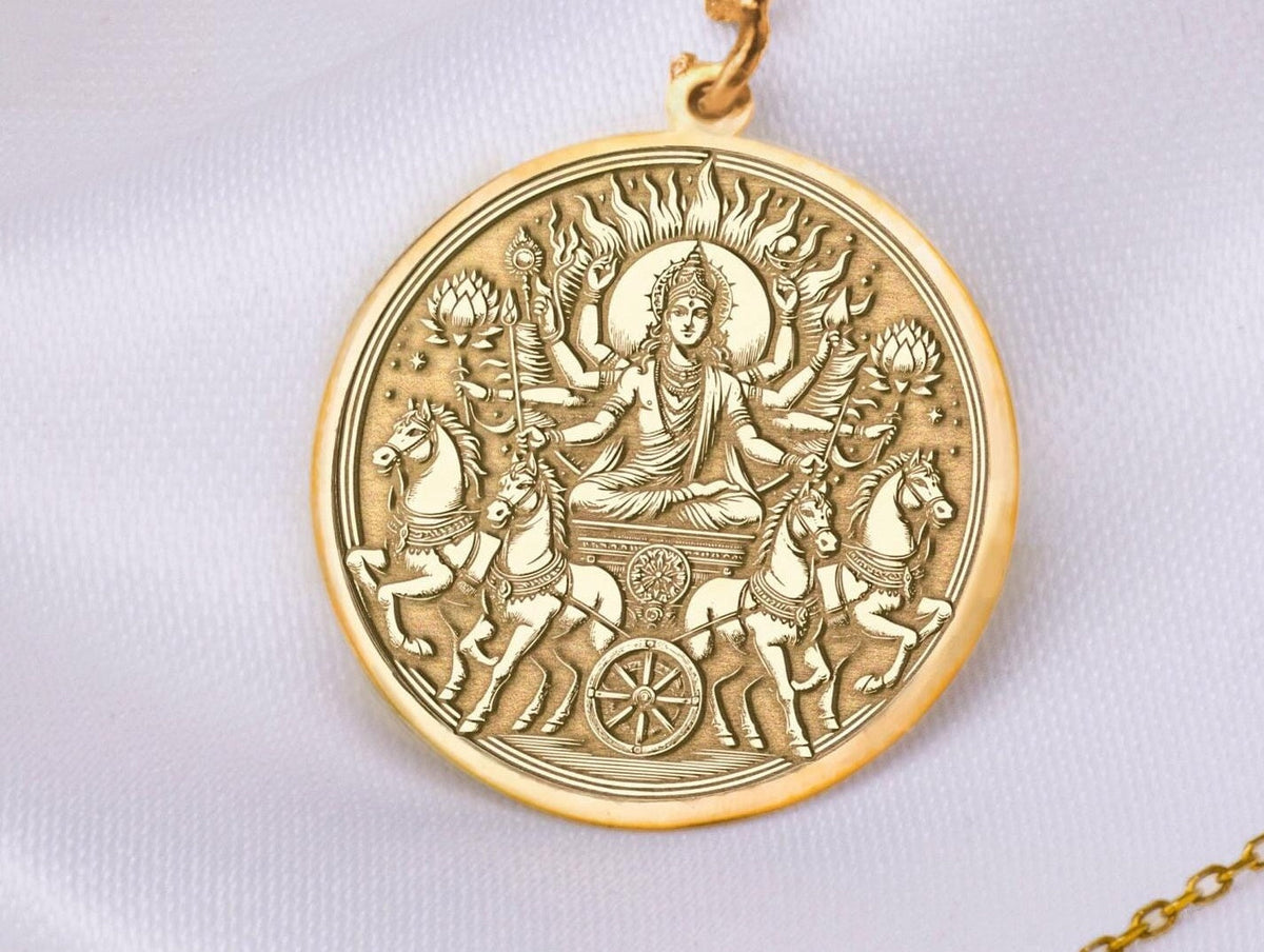 Gold Surya Charm Pendant necklace - Radiant Sun God Necklace, Handmade Hindu Jewelry for Strength & Positivity, Hindu jewelry,Surya amulet, surya coin pendant, Surya talisman