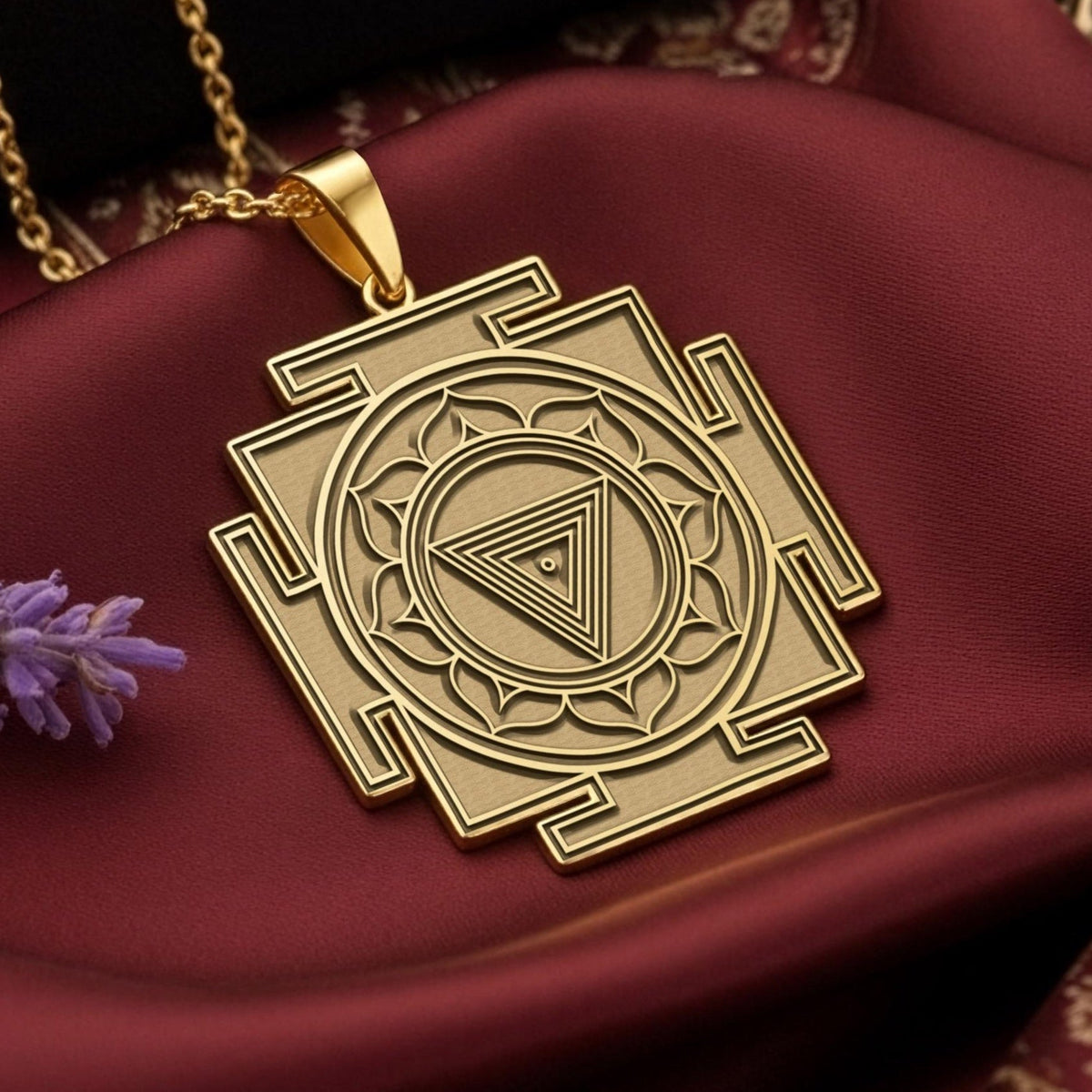 MahaKali Yantra necklace in silver - front view showing trad