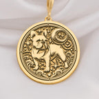 French Bulldog Spirit Animal Pendant Necklaces 14K 14K Gold Plated pendant necklace featuring a French Bulldog figure in an ornate circular frame.