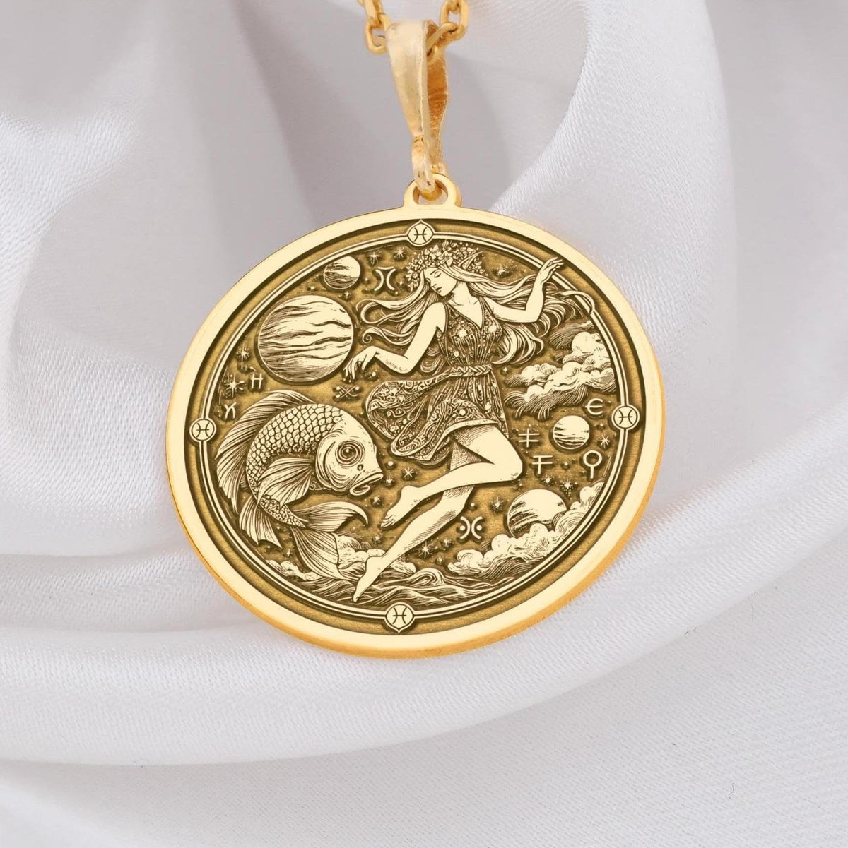 Elegant 14k Gold Pisces Pendant for Women,Astrological Jewelry with Delicate Fish Symbol, round pisces zodiac pendant necklace, gift for her,