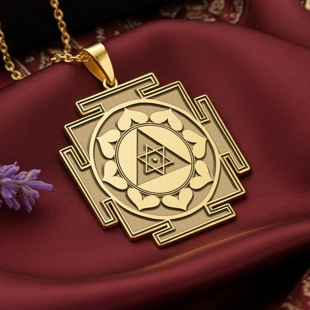 Personalized 14k Gold Ganesh Yantra Necklace, a spiritual amulet for success and new beginnings, is showcased in the primary product photo. The handcrafted Good Luck Charm rests on a luxurious dark red silk background, its sacred geometry shining. This powerful Remover of Obstacles talisman is a perfect gift for graduation or a new job, also available in 925 sterling silver and rose gold plated options.
