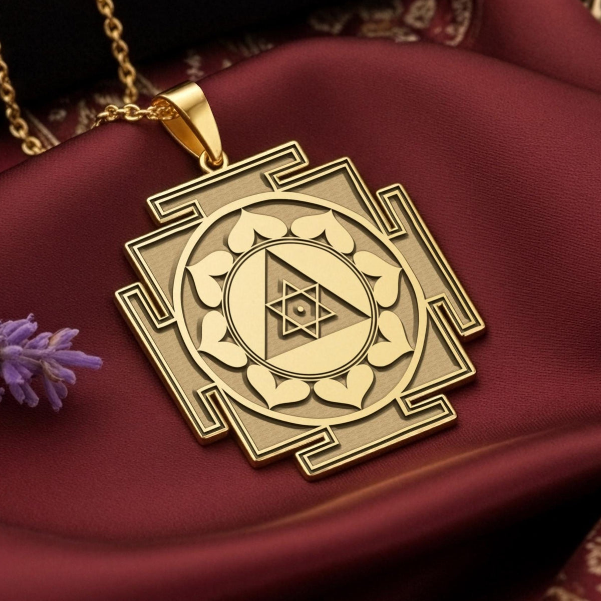Personalized 14k Gold Ganesh Yantra Necklace, a spiritual amulet for success and new beginnings, is showcased in the primary product photo. The handcrafted Good Luck Charm rests on a luxurious dark red silk background, its sacred geometry shining. This powerful Remover of Obstacles talisman is a perfect gift for graduation or a new job, also available in 925 sterling silver and rose gold plated options.