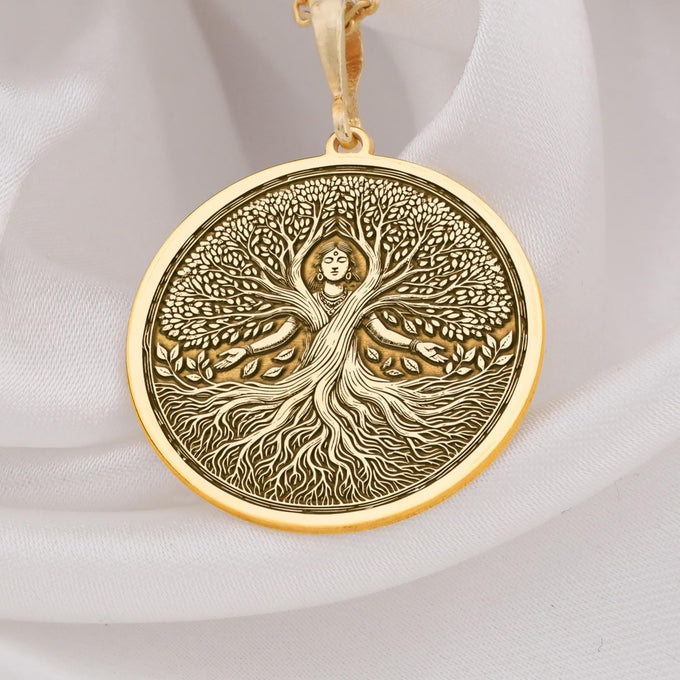 real Gold Tree of Life pendant, featuring a beautifully engraved Mother Nature medallion with deep roots and flourishing branches. A meaningful gold spiritual necklace, symbolizing growth, balance, and divine feminine energy.