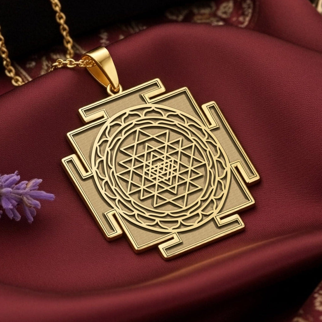 Sri Yantra rose gold pendant - back detail showing handcraft