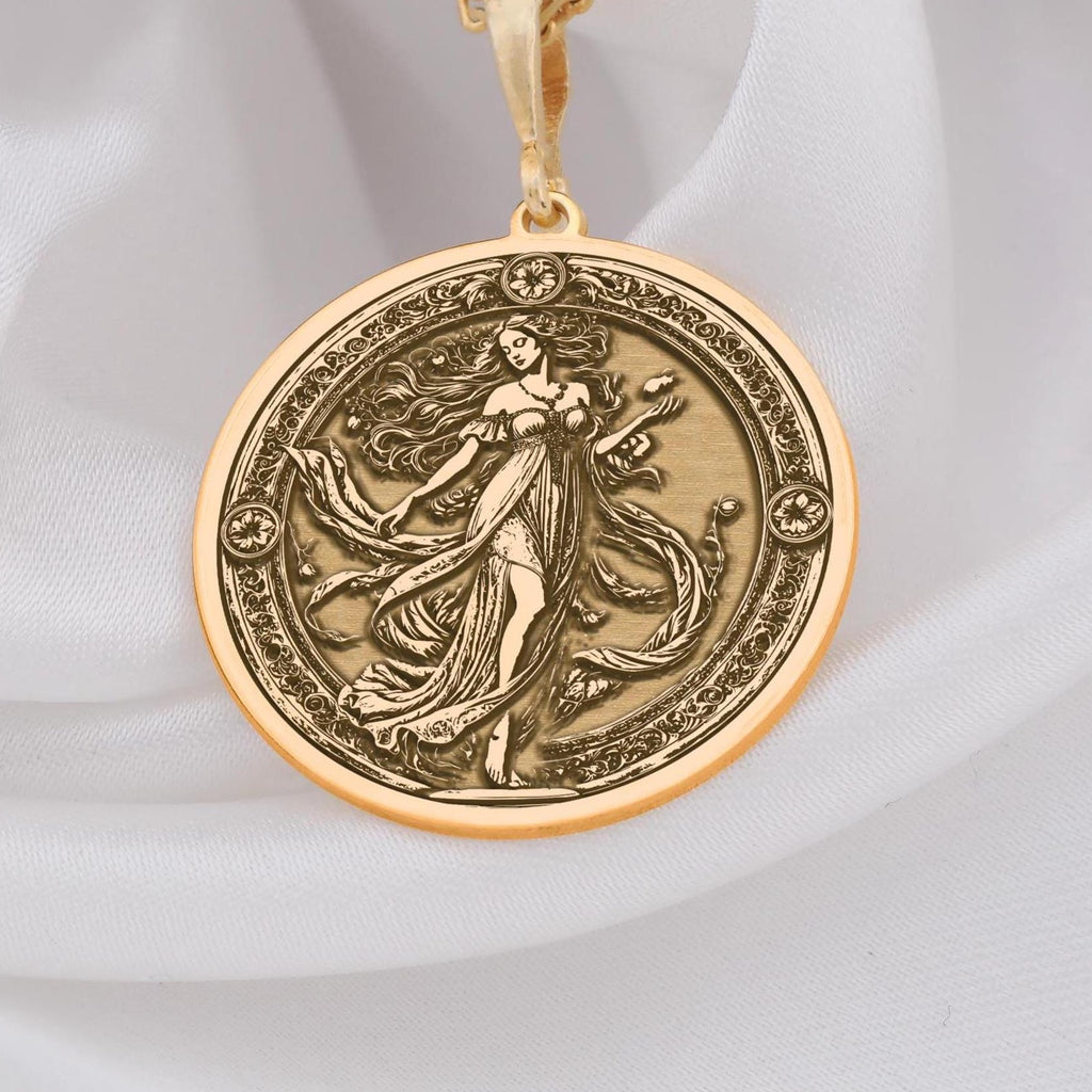 Persephone Pendant Necklace medallion, goddess-inspired amulet, and underworld queen talisman. This handcrafted piece celebrates Persephone’s duality as goddess of spring and ruler of the underworld, featuring a symbolic pomegranate charm. A must-have for Greek mythology fans, celestial jewelry collectors, and lovers of divine feminine energy.