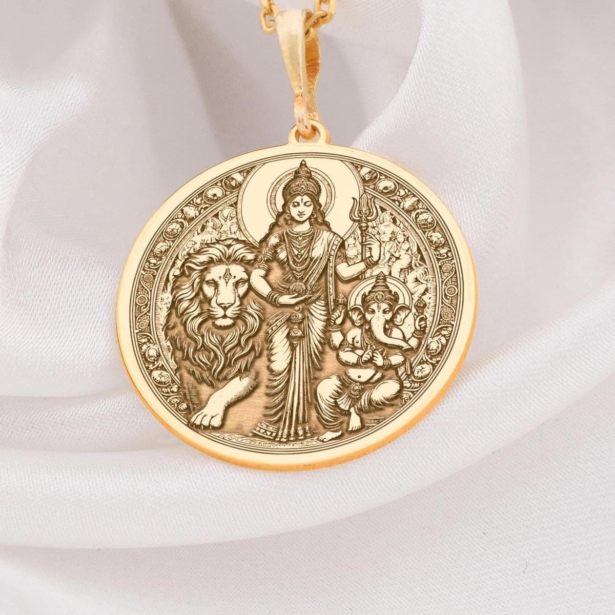 Gold Parvati Goddess Pendant Necklace, Hindu Family Necklace, Dainty detailed parvati protection talisman