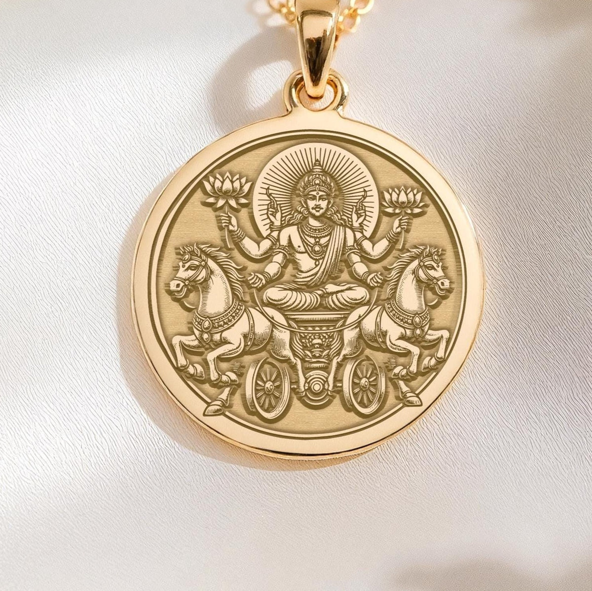 Surya Sun God with Seven Horses Chariot Pendant | 14K Gold & Silver Options - Ancient Mythology Cosmic Energy