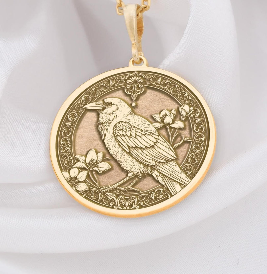 Unique Gold Raven bird pendant necklace , gothic bird pendant jewelry, antique style crow medallion, bird medallion necklace, gothic raven pendant, raven totem necklace, crow familiar jewelry, black raven pendant, celtic raven bird jewelry, victorian style crow pendant