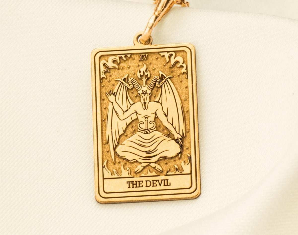 Devil Tarot Rider Waite Occult Amulet Necklace Necklaces 14K 14K Gold Plated pendant of the Devil with wings and ornate frame necklace