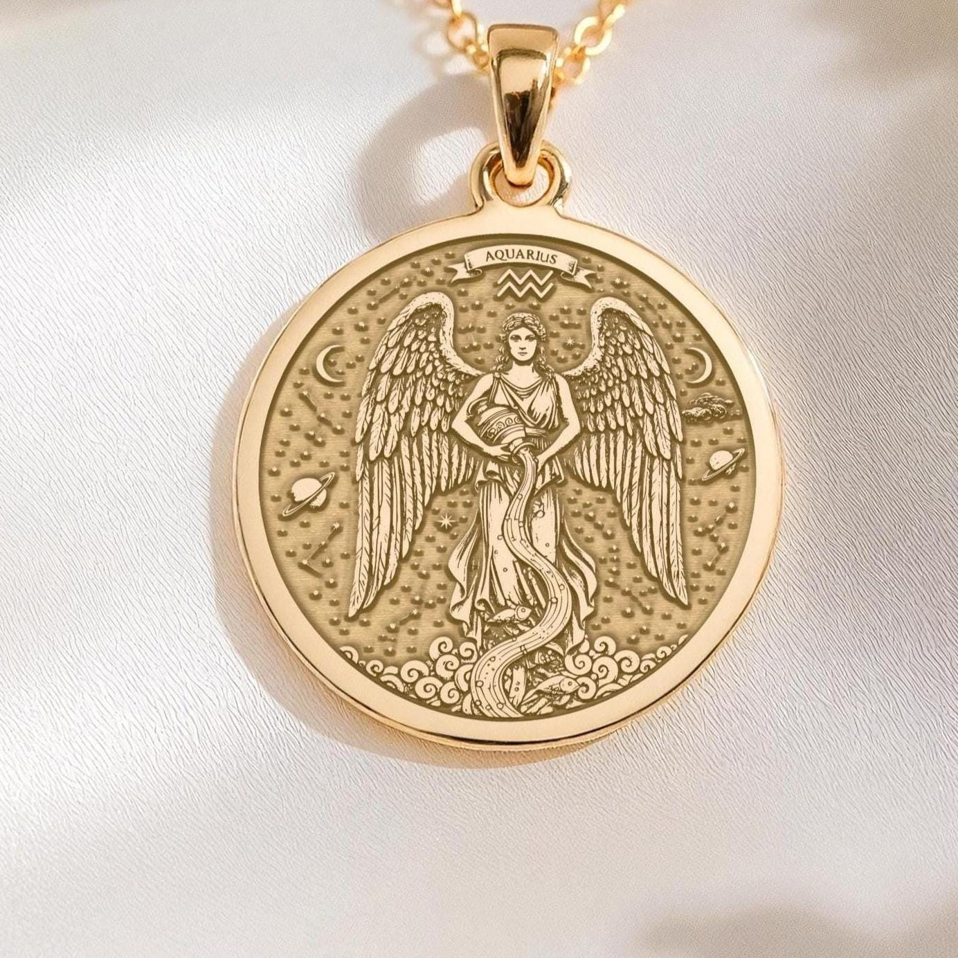 Aquarius Necklace: 14K Gold with water bearer zodiac sign astrology talisman gift - View 48