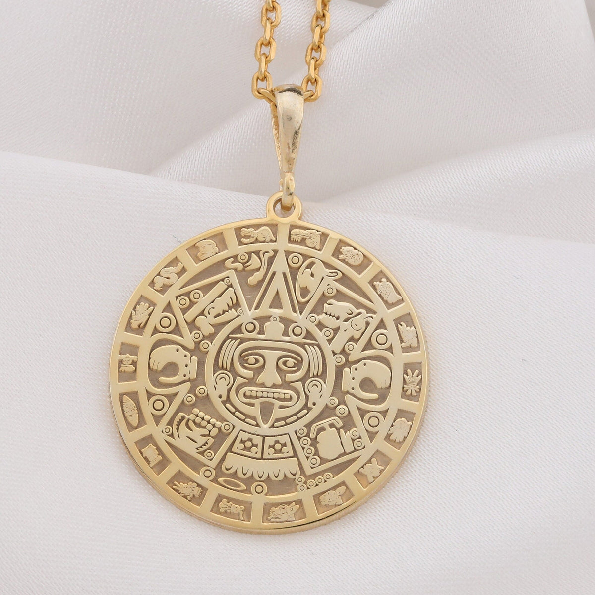 Aztec Calendar Necklace: 14K Gold with aztec sun stone mayan medallion amulet talisman - View 153