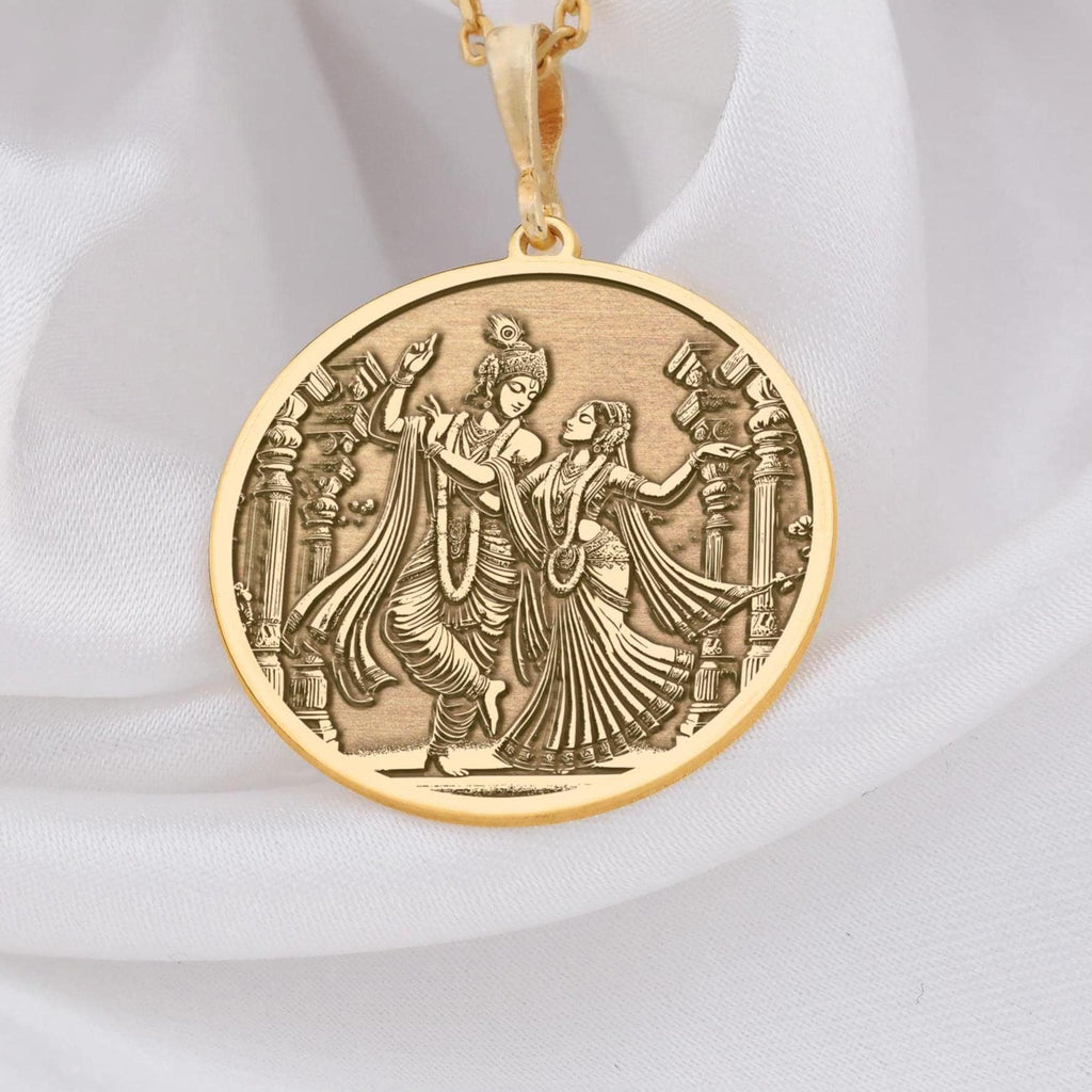 Krishna Radha Necklace: 14K Gold with radha krishna couple swing pendant talisman - View 153