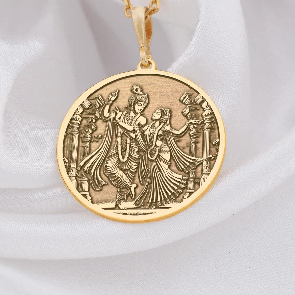 Krishna Radha Necklace: 14K Gold with radha krishna couple swing pendant talisman - View 153