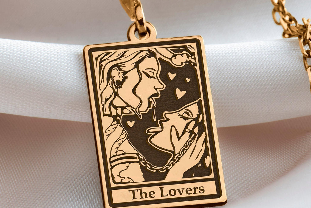 Lovers Tarot Card Necklace: 14K Gold with tarot card rider waite occult arcana talisman - View 48