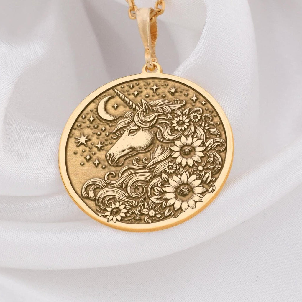 Unicorn Necklace, 14K Gold Floral Uni Jewelry,Personalized Magic Pony Charm Coin Pendant - View 153