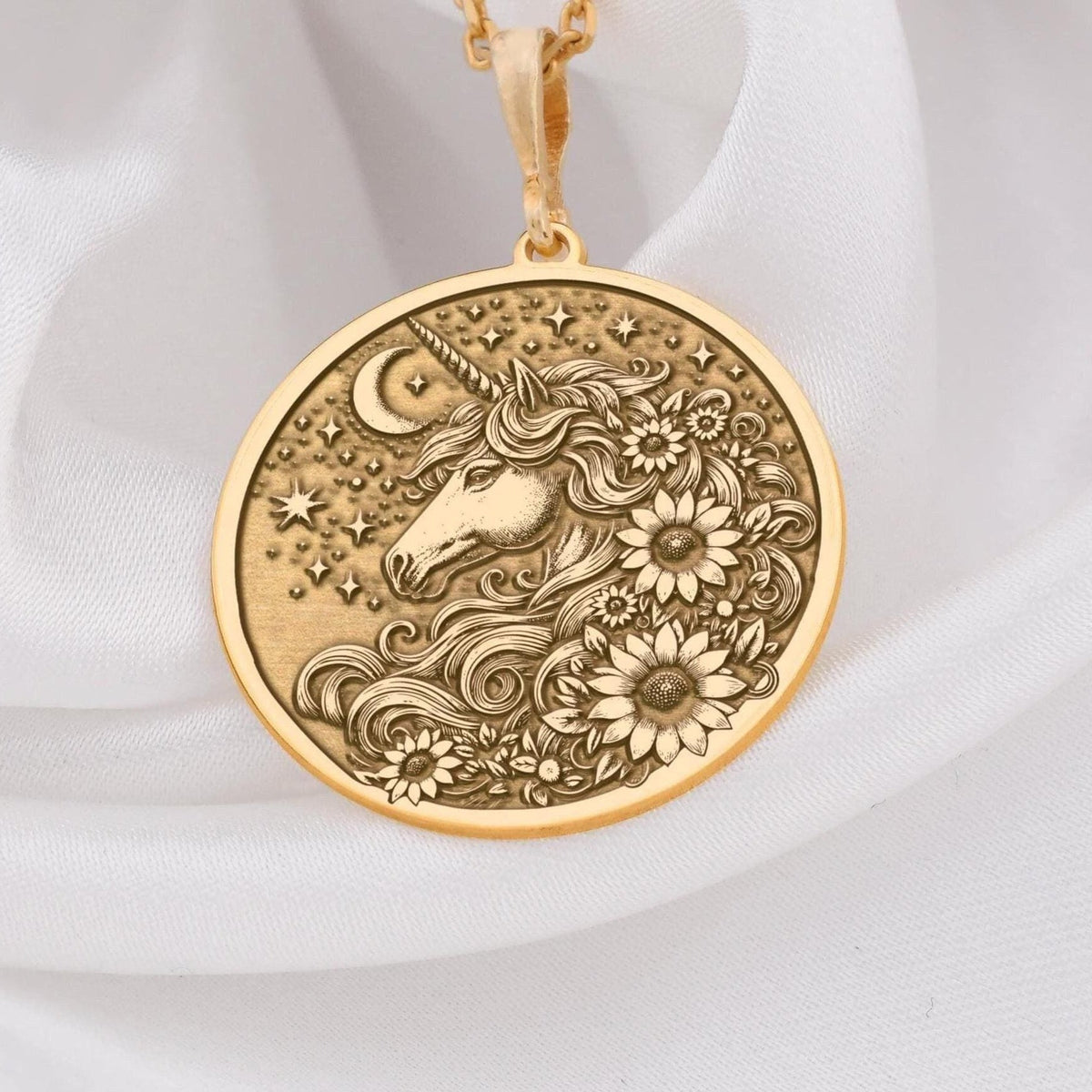 Unicorn Necklace, 14K Gold Floral Uni Jewelry,Personalized Magic Pony Charm Coin Pendant - View 153