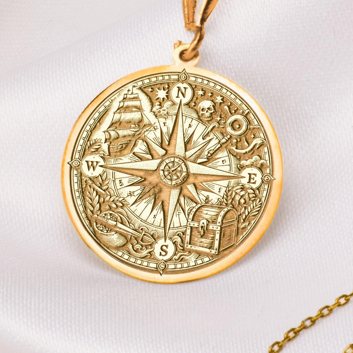Compass Amulet Necklace Necklaces 14K 14K Gold Plated round pendant with compass rose and skull design necklace