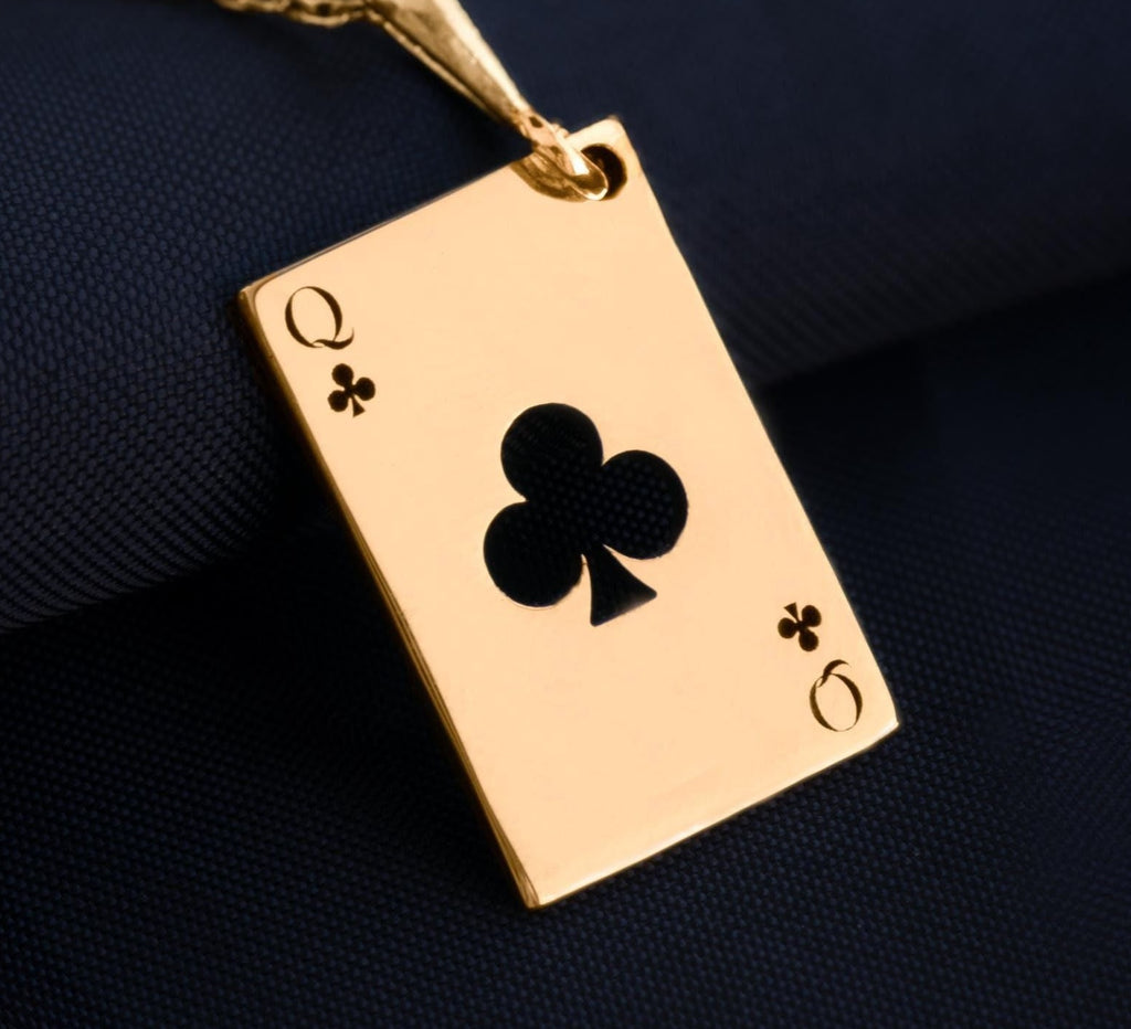 Queen of Clubs Necklace: 14K Gold with poker card charm queen of clubs gift occult - View 153