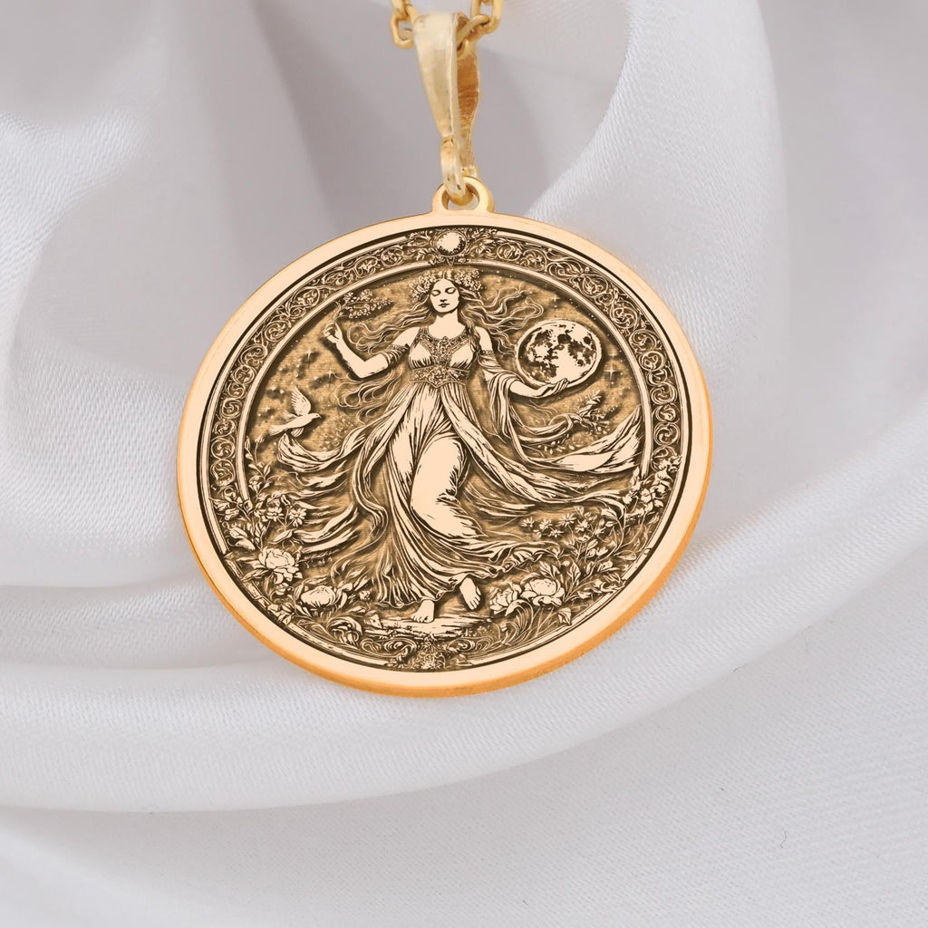 Gaia Earth Goddess Amulet Necklace Necklaces 14K 14K Gold Plated pendant necklace featuring a detailed female figure and crescent moon design.