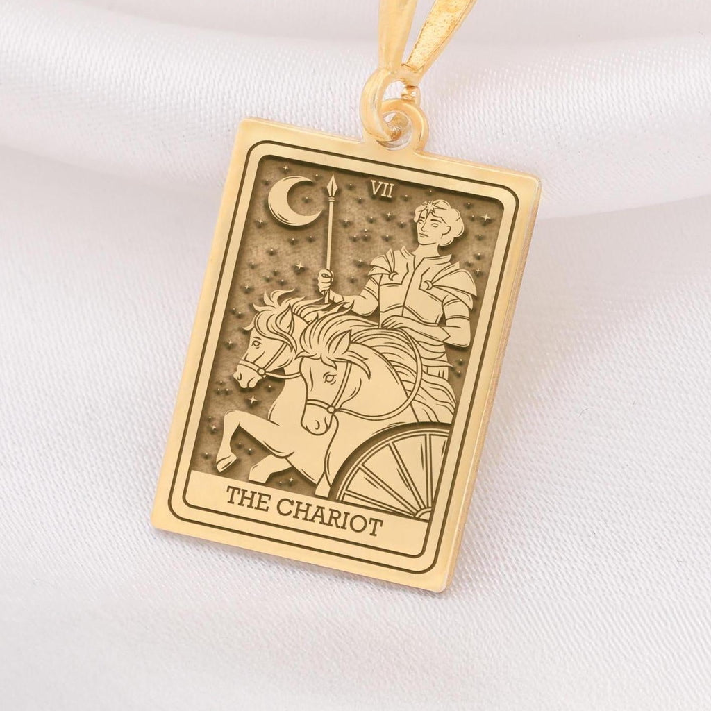Chariot Sphinx Tarot Pendant Necklaces 14K 14K Gold Plated pendant featuring a vintage chariot design with a crescent moon and Roman numeral VII.