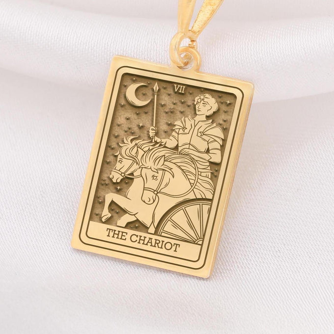 Chariot Sphinx Tarot Pendant Necklaces 14K 14K Gold Plated pendant featuring a vintage chariot design with a crescent moon and Roman numeral VII.