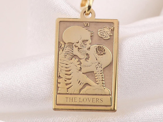 Lovers Tarot Card Pendant Necklaces 14K 14K Gold Plated square pendant featuring skulls embracing roses design for The Lovers necklace