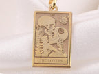 Lovers Tarot Card Pendant Necklaces 14K 14K Gold Plated square pendant featuring skulls embracing roses design for The Lovers necklace