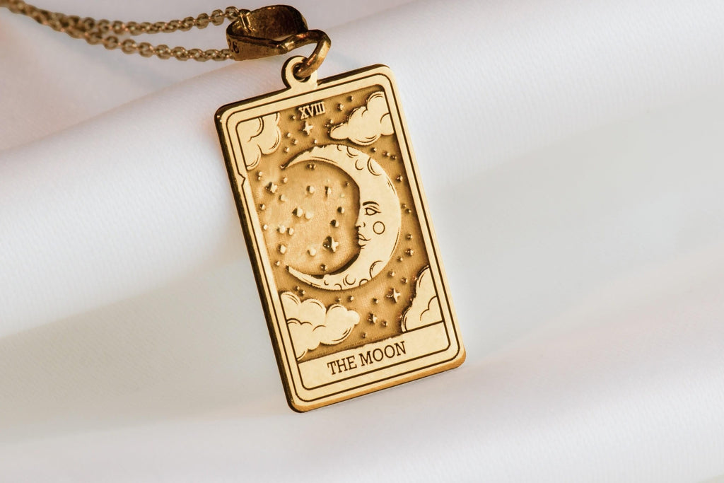 Moon Tarot Card Necklace: 14K Gold with tarot card rider waite occult arcana talisman - View 153