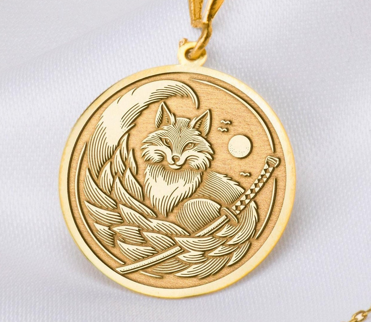 14K Solid Gold Kitsune Fox Necklace: 14K Gold with japanese fox charm kitsune medallion - View 48