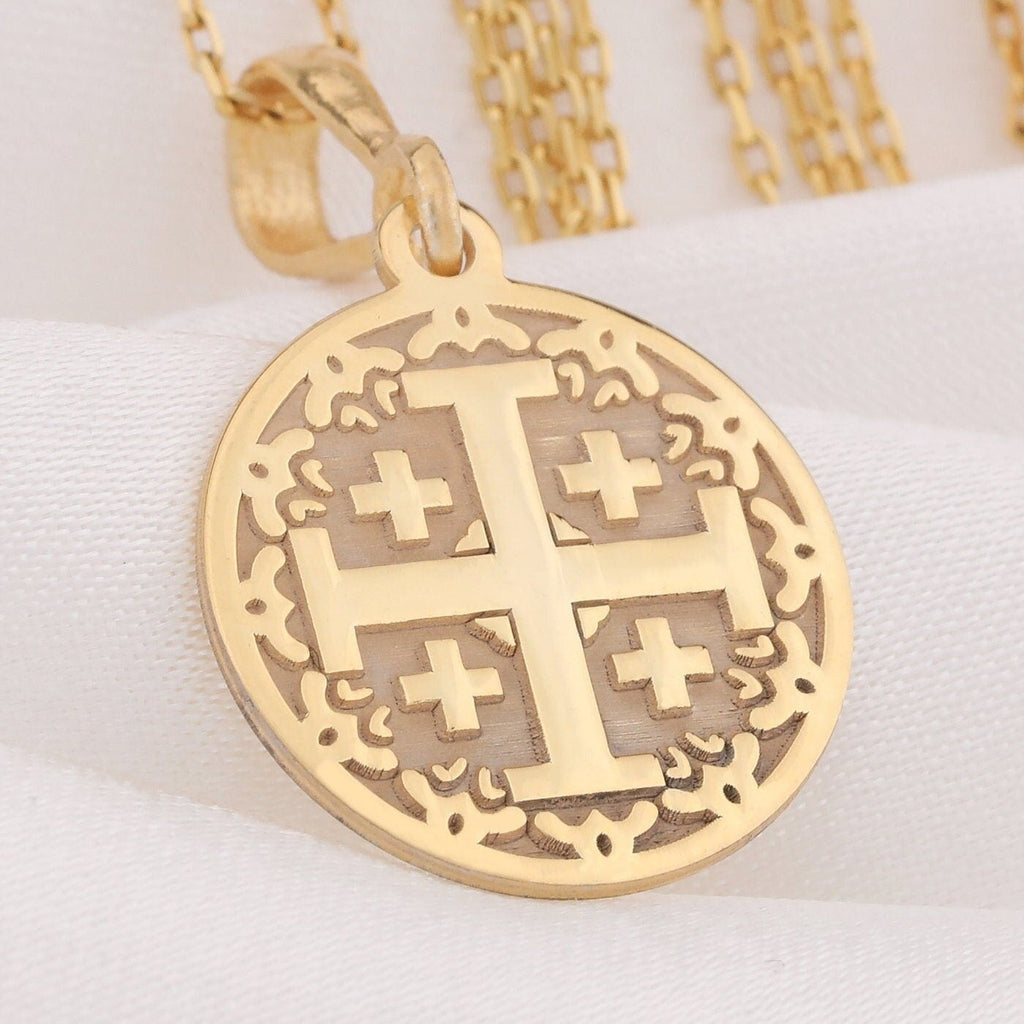 Jerusalem Cross Pendant Necklaces 14K 14K Gold Plated pendant necklace featuring an ornate cross design with filigree border.