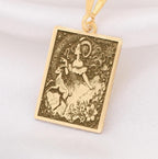 Capricorn Zodiac Astrological Pendant Pendants 14K 14K Gold Plated plated rectangular pendant featuring a classical illustration of a woman and ram.