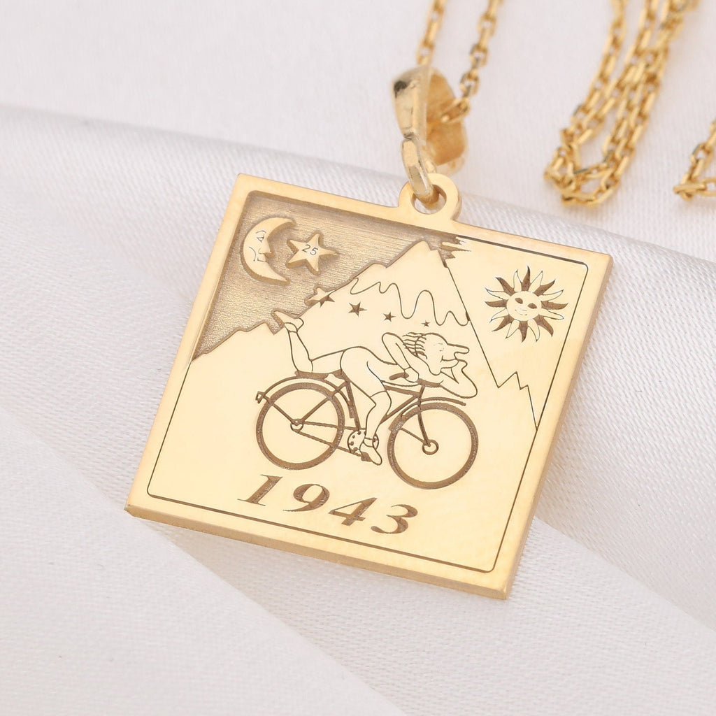 Albert Hoffmann Bicycle Ride Necklace: 14K Gold LSD Charm, Trippy Hippie Jewelry - View 48