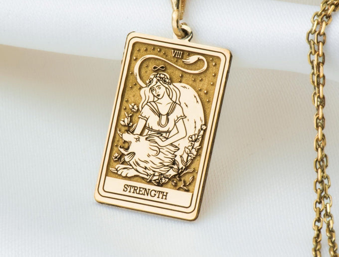 Strength Tarot Necklace: 14K Gold with tarot card rider waite occult arcana talisman - View 153