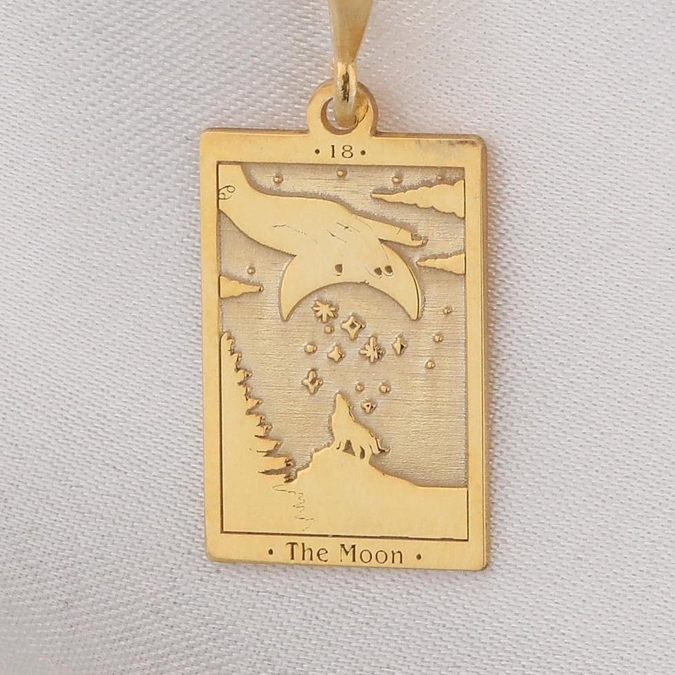 The Moon Tarot Card Necklace: 14K Gold with moon card rider waite occult arcana talisman - View 153